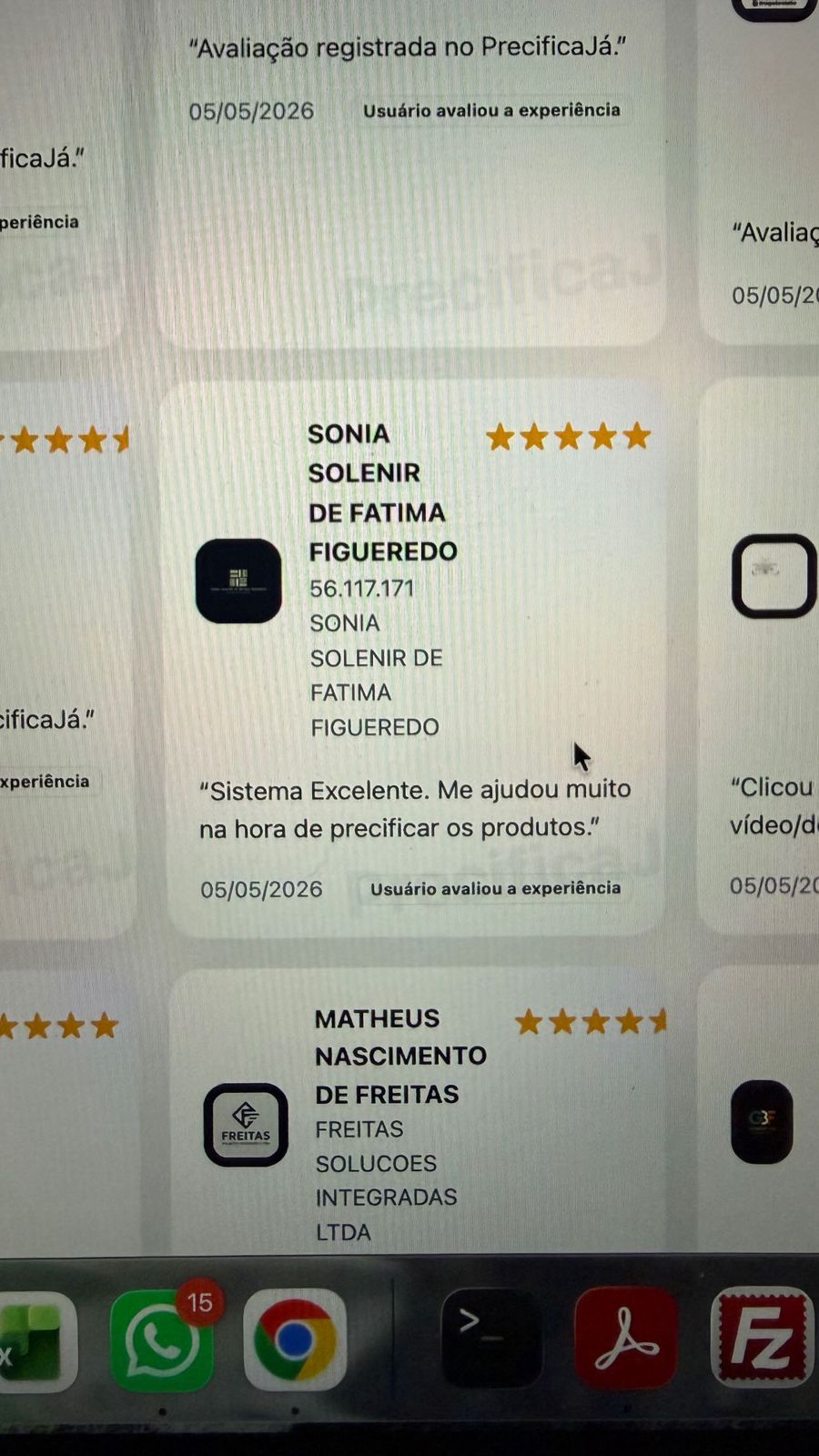 Print real de depoimento de cliente do PrecificaJá 2