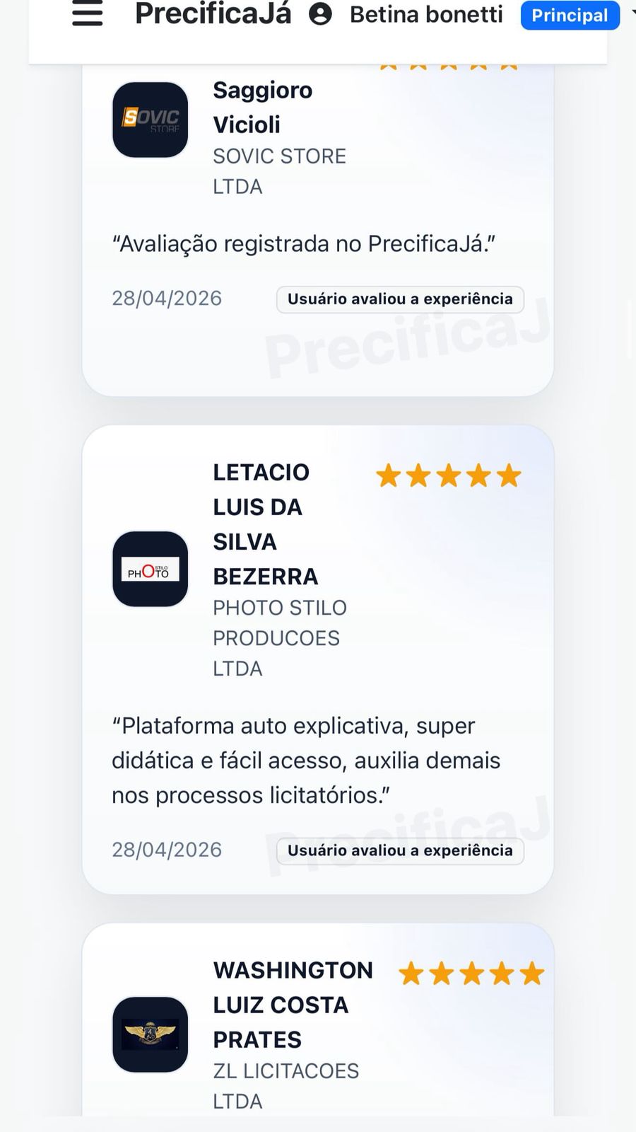 Print real de depoimento de cliente do PrecificaJá 3