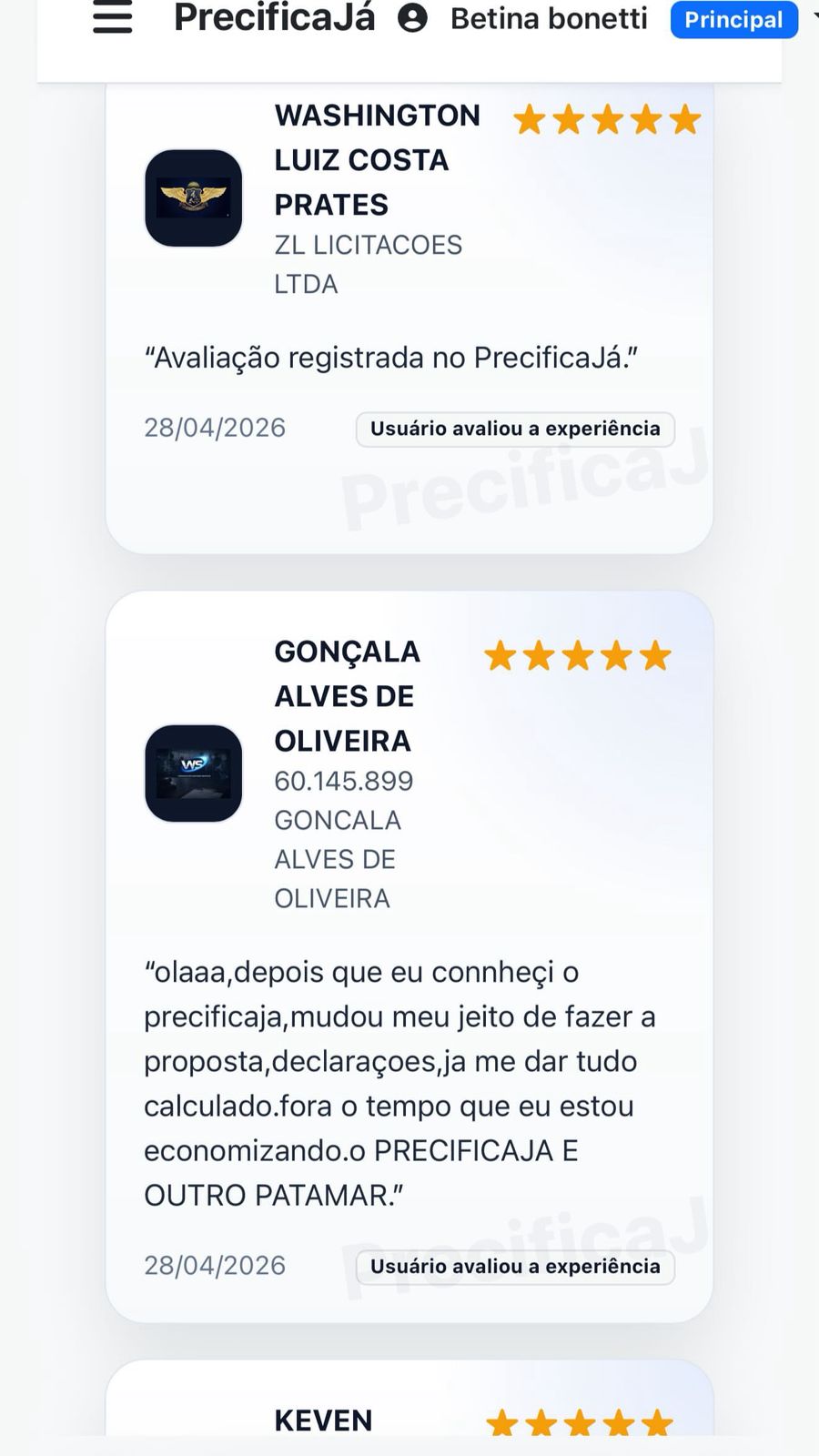 Print real de depoimento de cliente do PrecificaJá 4