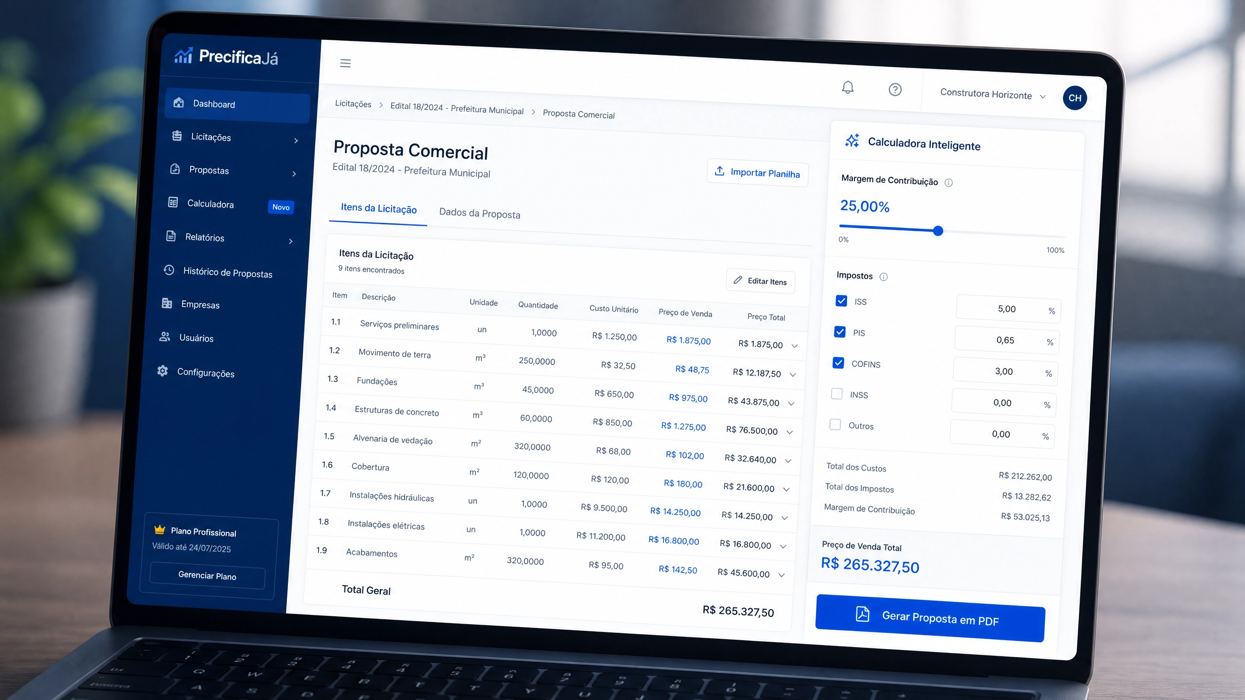 Dashboard do PrecificaJá — sistema de precificação para licitações